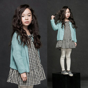 韩国童装女童春秋季英伦风学院，黑白格子长袖连衣裙儿童棉麻娃娃裙
