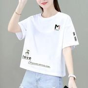 棉质白色短款t恤女短袖，2023韩版矮个子，宽松高腰上衣体恤衫潮