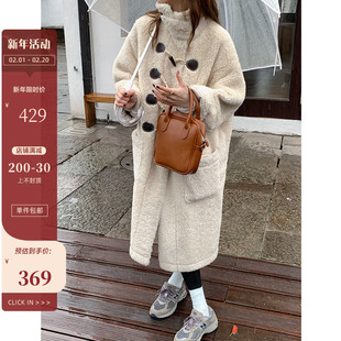 bingdaily牛角扣羊羔毛大衣女2023冬季韩版中长款加厚毛绒绒(毛绒绒)外套