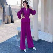 气质女神范紫色(范紫色)套装，时髦荷叶边长袖防晒西装领上衣阔腿长裤两件套