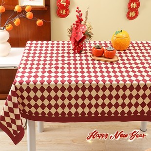 2024新年桌布圆桌春节氛围，感装饰台布龙年过年红色格子ing风桌布