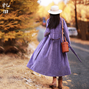 忆旧冬装灯芯绒紫色风衣外套女2023裙摆式大衣女气质收腰显瘦