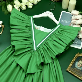 童装女童夏装夏天连衣裙，超大荷叶边背心，裙纯棉公主欧美风绿色