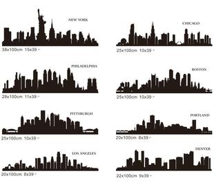 美国城市轮廓剪影墙贴 纽约洛杉矶波士顿黑色装饰贴纸玻璃腰线