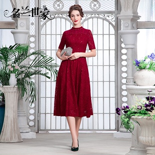 名兰世家原创设计蕾丝，连衣裙春短袖，妈妈礼服喜服婚宴红色长裙