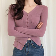 韩国女装时尚秋装烟粉色V领系扣外穿小开衫修身性感长袖T恤