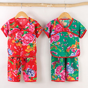 儿童家居服套装网红宝宝绵绸东北大花短袖两件套男女童夏季睡衣薄