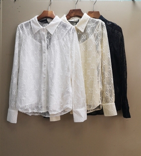 法式复古刺绣镂空长袖衬衫，女设计感小众蕾丝，吊带两件套上衣潮