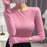 韩国显瘦外穿常规圆领打底衫女简约修身白粉色(白粉色)上衣棉长袖t恤