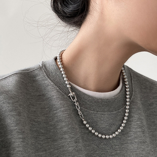 DOUDOUSTORE超酷休闲清冷好品质灰色珍珠链条拼接项链女小众个性