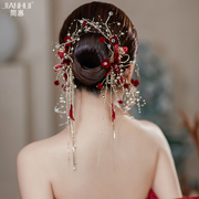 新娘敬酒服头饰中式结婚礼服，红色发夹耳环森系简约大气婚纱配饰品