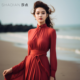 红色连衣裙女春夏遮肉显瘦大摆裙长袖海边沙漠出游度假沙滩裙