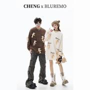 bluremo春秋毛衣女(毛衣女，)宽松情侣装，立体小熊玩偶衣服针织衫慵懒风