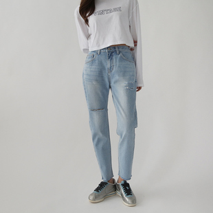 韩国royalcheese女士牛仔裤，2024春夏松紧腰破洞，浅色直筒裤女