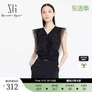 XG雪歌蕾丝拼接无袖毛针织衫2024夏季V领套头设计薄款毛衫女