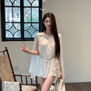 fairyjiang夏季白色斗篷披肩雪纺，衬衫女设计感收腰，衬衣含腰带