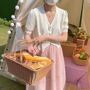 法式冰丝短袖t恤女夏季薄款泡泡袖针织小开衫短款收腰气质v领