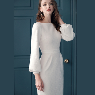 2024春季气质连衣裙长袖白色针织，欧美高端大牌高冷女神范女装(范女装)