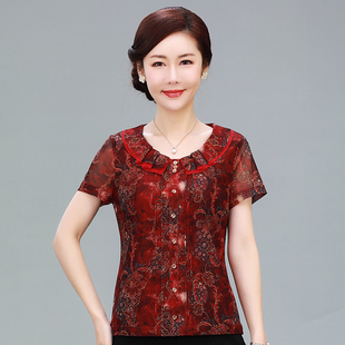 竹语声夏装短袖套头t恤衫妈妈，红色上衣台湾网纱女士中老年人