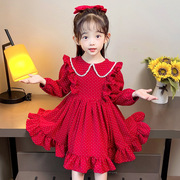 女童公主裙春秋款长袖，娃娃领波点甜美可爱日常圆点红色b类连衣裙