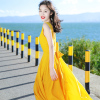 2023夏季女装海边度假沙滩，裙黄色复古雪纺，连衣裙波西米亚长裙