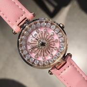 表皮带镶钻贝壳粉红色大气腕表会转动士手表款蒂米妮女时尚