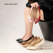 lingmeichen高光鞋牡丹扣不累脚高跟鞋浅口单鞋女尖头细跟真牛皮