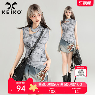 keiko辣妹显瘦t恤女2024夏季设计感仿牛仔纹，印花无袖上衣背心