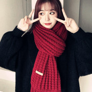 韩版针织毛线红色围巾女冬季2023百搭高级感学生保暖黑色围脖