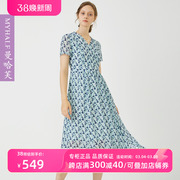 曼哈芙商场同款雪纺长裙2023夏季v领气质显瘦短袖印花连衣裙