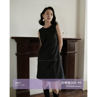 芝美日禾法式钉珠羊毛，蚕丝连衣裙黑色无袖极简优雅气质高级感