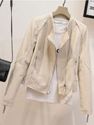 韩国米色皮衣外套女短款2023年春秋百搭立领高级感机车皮夹克