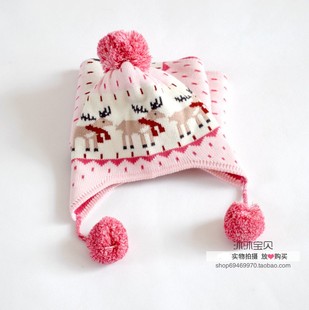 女童秋冬帽子双层纯棉薄款针织，护耳帽宝宝，粉色小鹿公主棉线帽