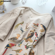 鸟类动物印花短袖透气印花高品质精梳纯棉T恤艺术手绘鹦鹉男女夏