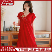 高贵红色睡裙女士夏季中年妈妈短袖纯棉宽松大码睡衣莫代尔家居服