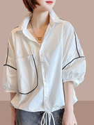 白色中袖衬衫，女大码宽松上衣泡泡，袖衬衣外套