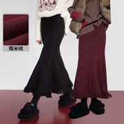妖精的复古红色半身长裙女2024冬季流苏，时髦高级鱼尾裙