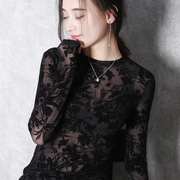 欧洲站时尚欧货网纱长袖高领修身上衣洋气黑色蕾丝打底衫女秋
