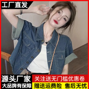 港风牛仔衬衫短外套女短袖衬衣夏季薄款外搭小个子短款上衣开衫潮