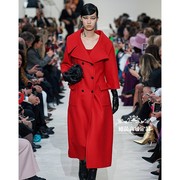 高级定制走秀同款红色荷叶领羊毛大衣中长款七分袖气质时尚外套新