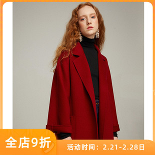 复古红色双面呢羊毛大衣女，2022秋冬装韩版气质中长款毛呢外套