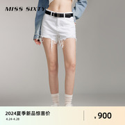 Miss Sixty2024夏季白色牛仔短裤女高腰磨破洞拉须显瘦直筒