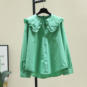 绿色甜美娃娃领衬衫女2023年春季韩版纯色长袖外穿上衣衬衣潮