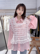 22年韩国东大门春超仙蕾丝马甲珍珠衬衫两件套宽松显瘦雪纺衫