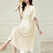 白色真丝连衣裙2023女装夏季绿色，度假桑蚕丝长裙