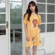韩版2023年布朗熊短袖睡衣女夏季纯棉薄款甜美卡通家居服套装