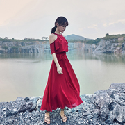 奈良红色沙滩裙露肩，法式连衣裙女夏雪纺波，西米亚长裙海边度假裙子