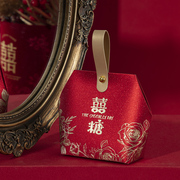 婚庆创意喜糖盒结婚囍，糖果小礼盒子，磨砂红色婚礼手提中式包装喜袋