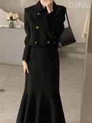 赫本风黑色鱼尾连衣裙秋冬季气质女装高级感两件套装富家千金裙子