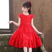 女孩夏装裙夏季儿童公主裙夏12到15岁大童红色套装轻奢连衣裙